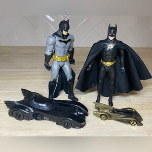 Lot of 2 Batman Action Figures and 2 Batmobile Toy Car